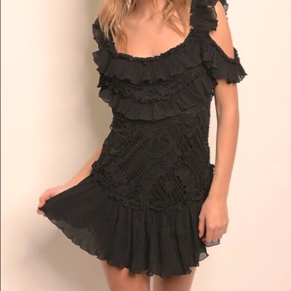 NWT Black Lace Ruffle Off-Shoulder Dress, Sz. M